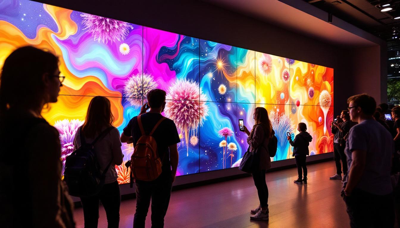 A photograph of capture a photograph of a vibrant lg videowall in a dynamic setting