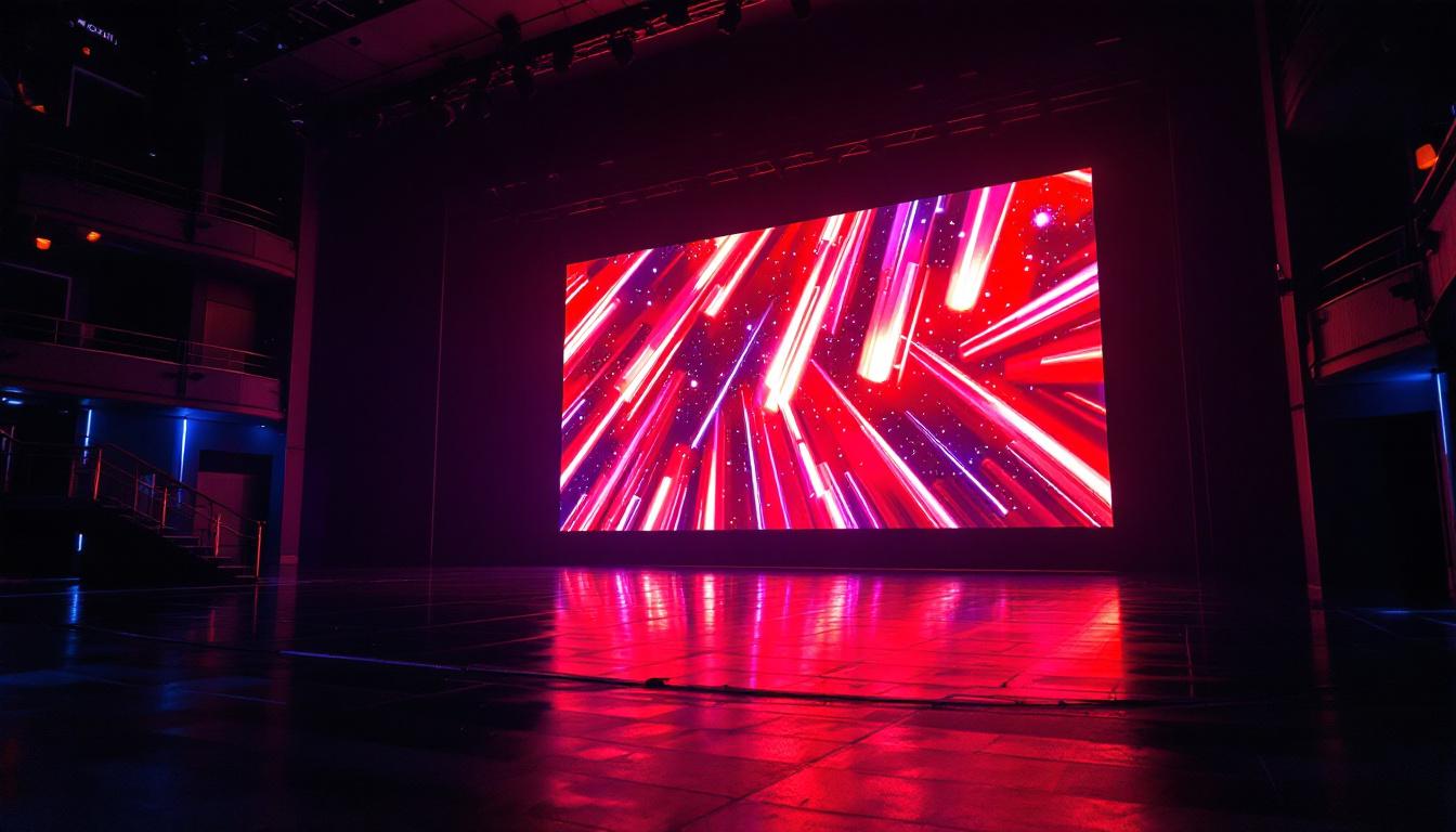 A photograph of a vibrant led display in a theatre setting