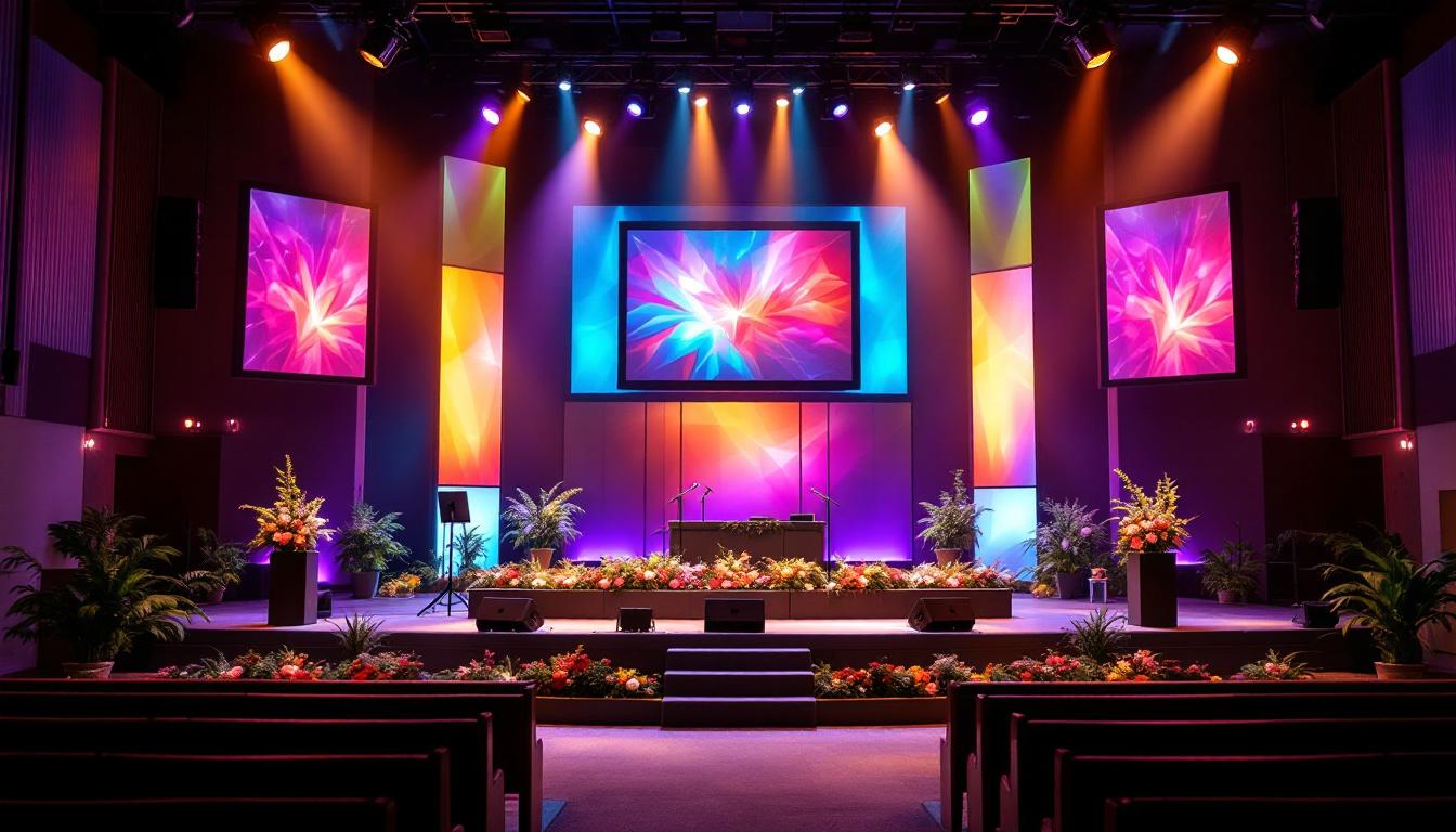 A photograph of a small church stage beautifully decorated with an led display