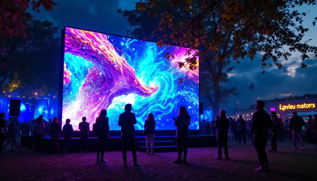 A photograph of a vibrant led screen in an engaging outdoor setting