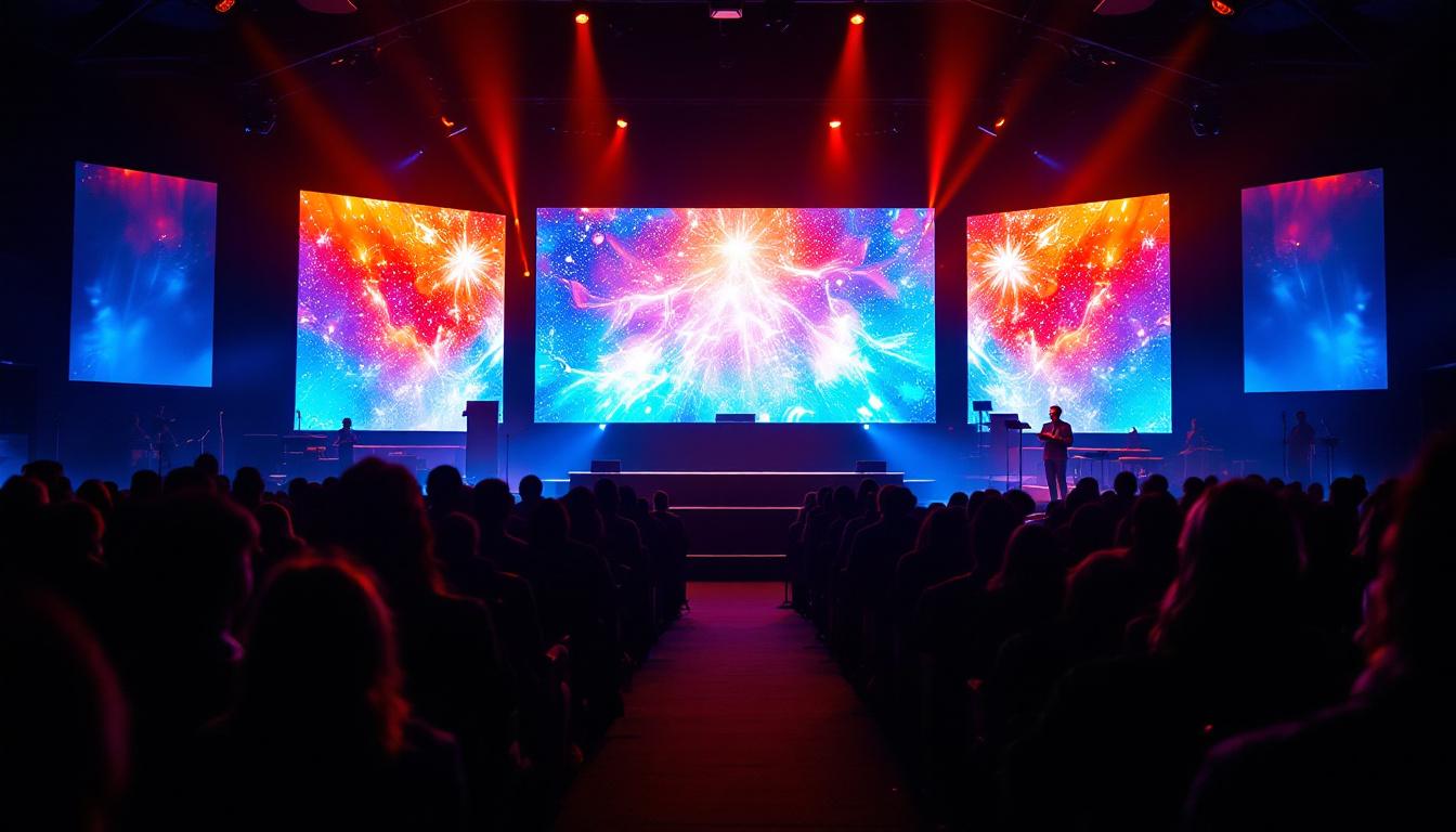 A photograph of a vibrant led display in a church setting