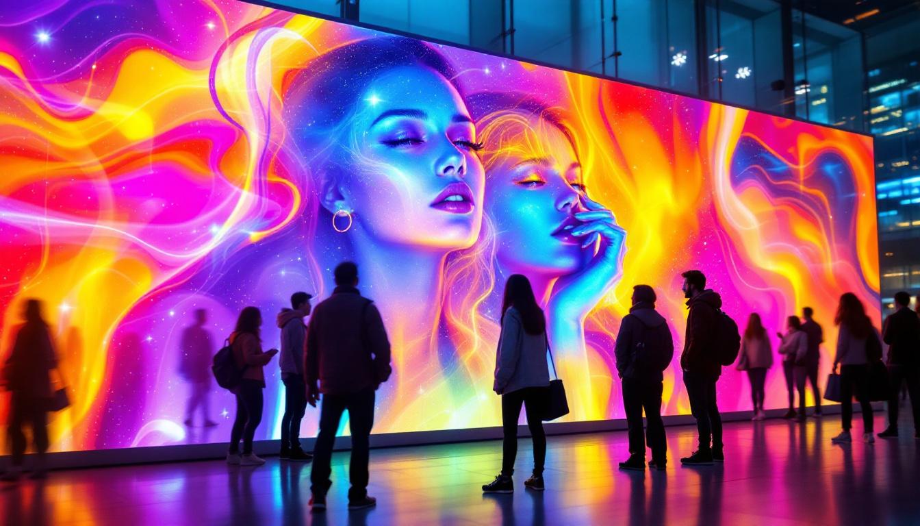 A photograph of a vibrant led transparent film display screen in an urban setting