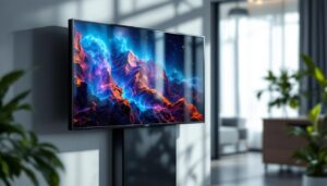 A photograph of capture a photograph of a sleek diamond cabinet showcasing its led display in a well-lit environment