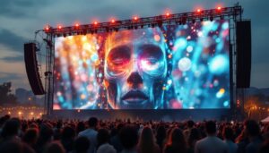 A photograph of a large led screen in an outdoor event setting