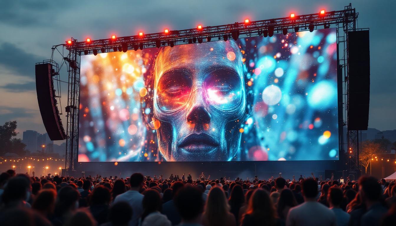 A photograph of a large led screen in an outdoor event setting