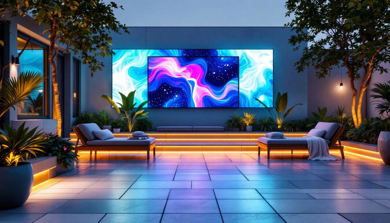 A photograph of a vibrant outdoor setting featuring an array of affordable outdoor tiles