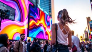 A photograph of capture a photograph of a vibrant led display in a bustling los angeles setting