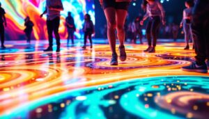 A photograph of a vibrant led screen floor in action