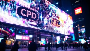 A photograph of a vibrant led display in a bustling urban setting