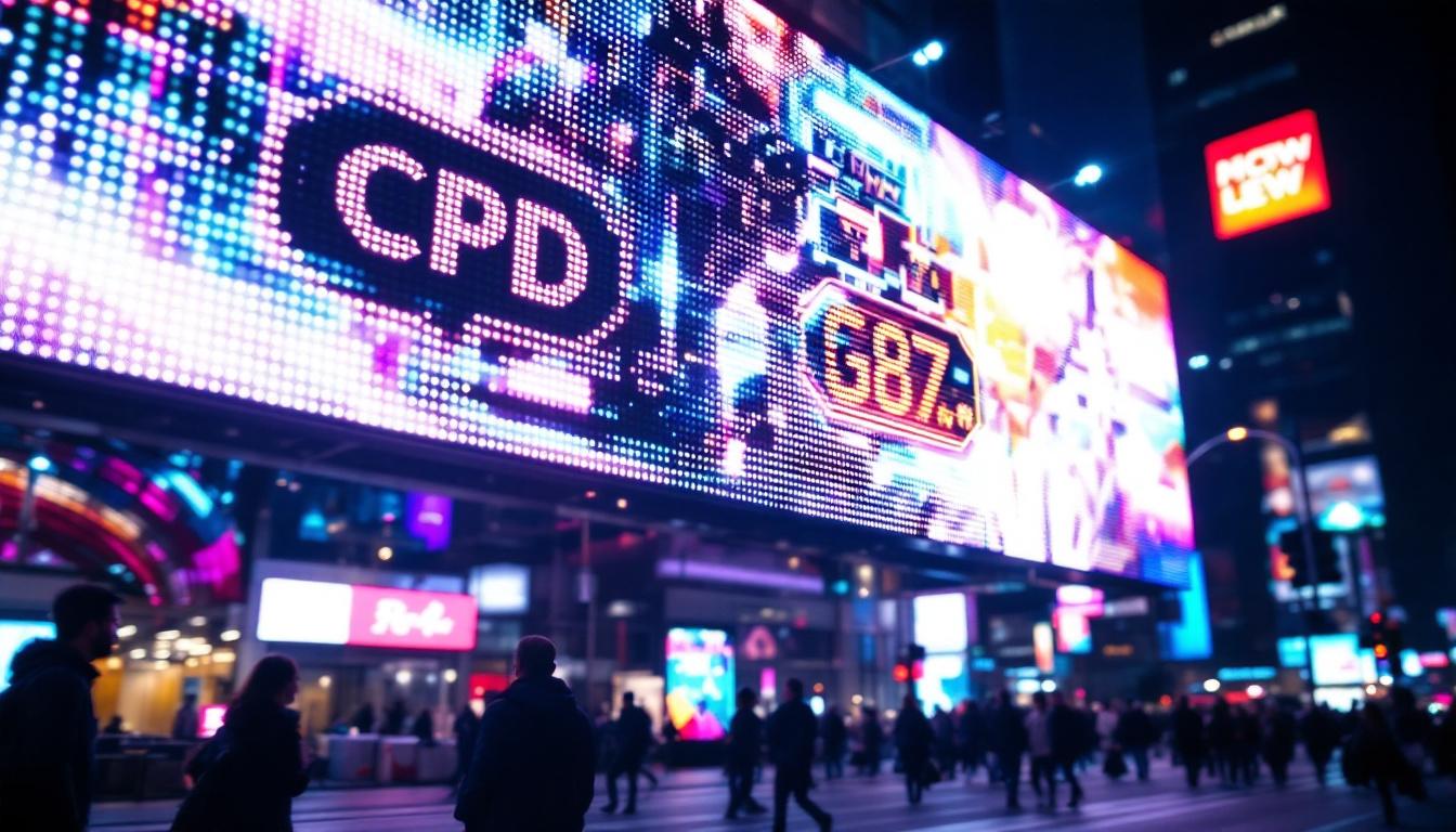 A photograph of a vibrant led display in a bustling urban setting