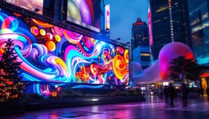 A photograph of a vibrant smd led display in a dynamic urban setting