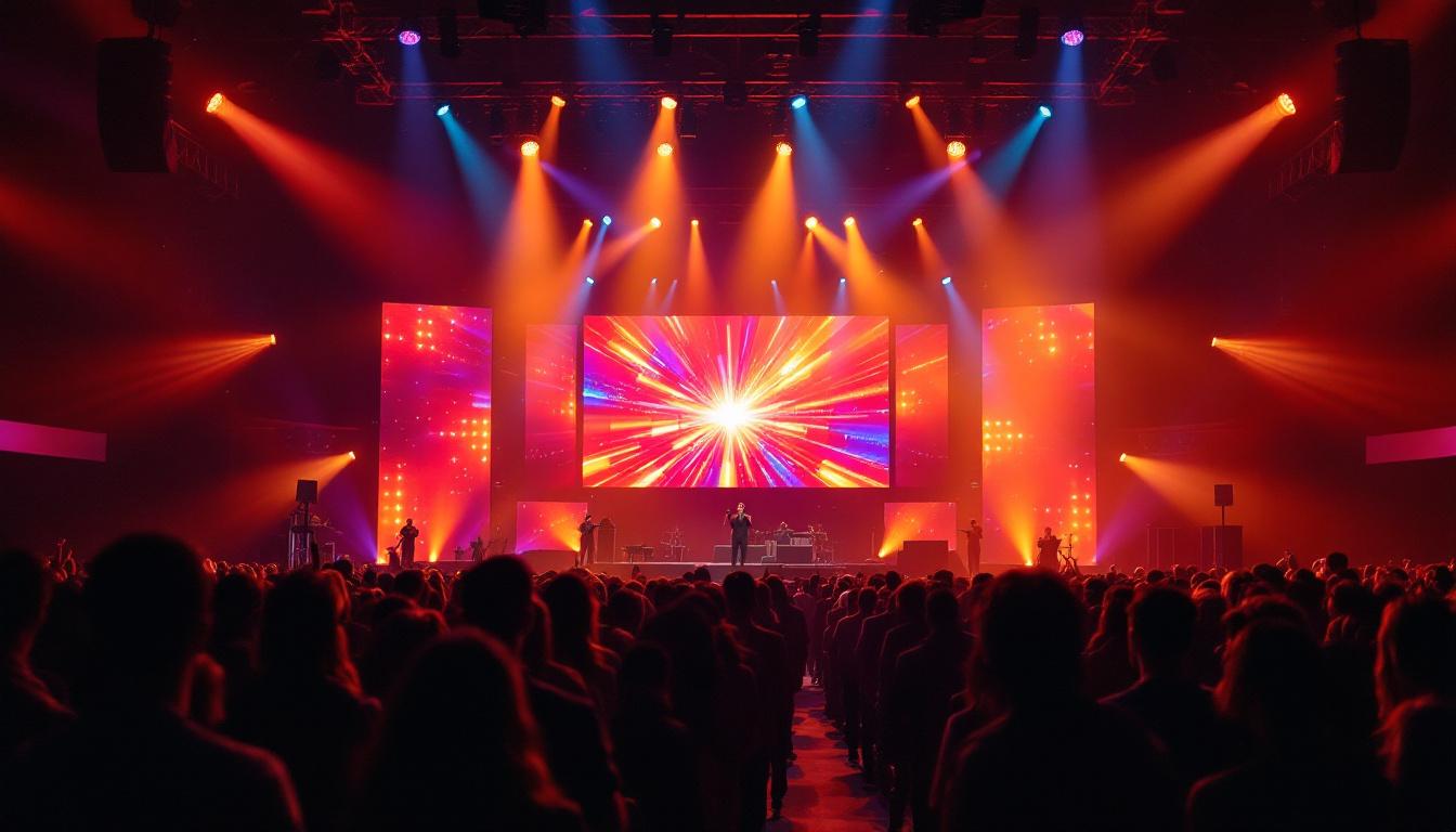 A photograph of a vibrant church stage setup featuring an impressive led display