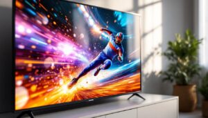 A photograph of a vibrant led tv displaying a fast-paced action scene or sports event