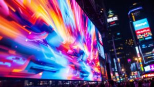 A photograph of a vibrant led display in a bustling urban environment at night