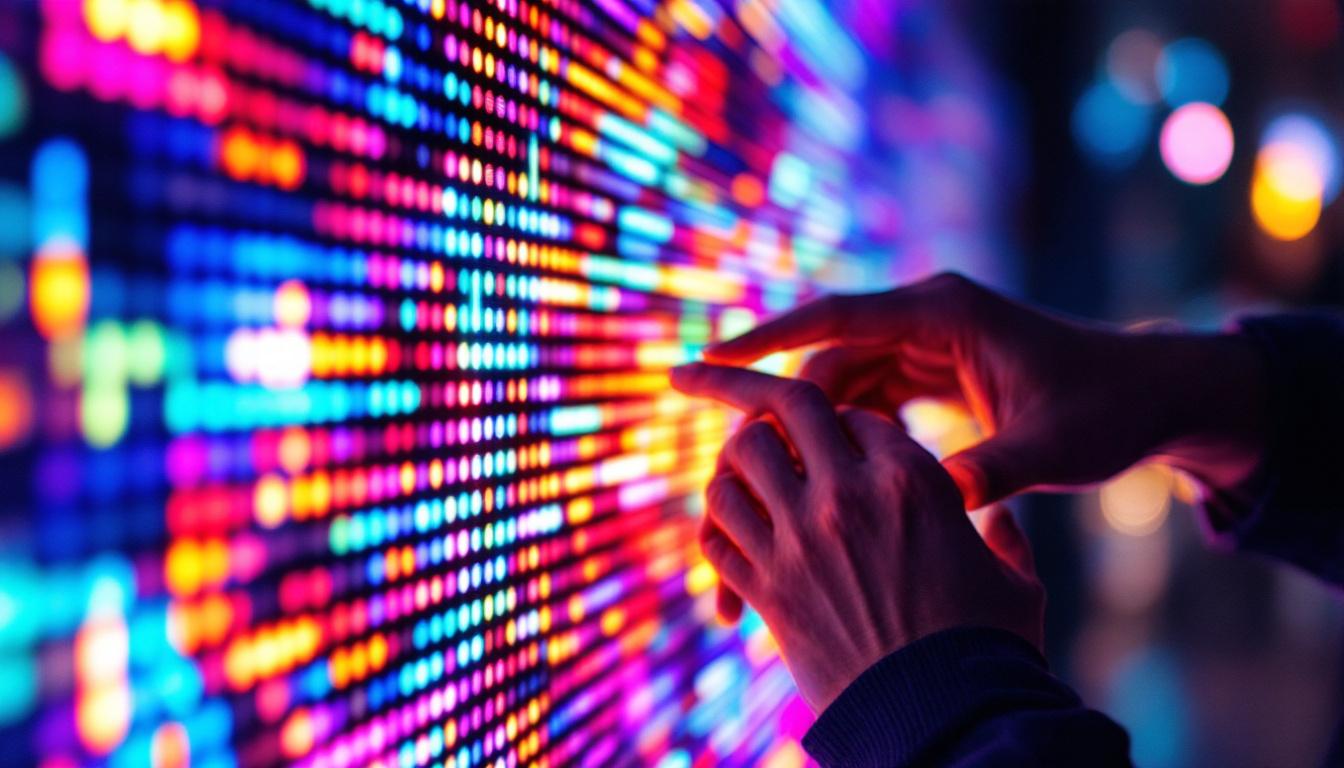 A photograph of a close-up shot of a vibrant led display showcasing its vivid colors and intricate pixel structure