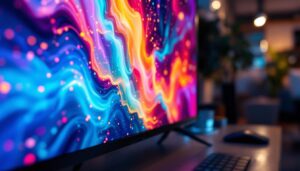 A photograph of a close-up view of a vibrant led lcd screen displaying dynamic visuals