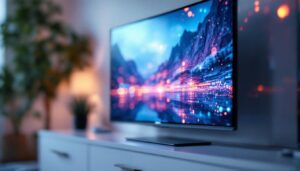 A photograph of a close-up view of a vibrant led tv screen displaying dynamic content