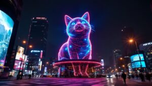 A photograph of the striking 3d giant cat billboard at night