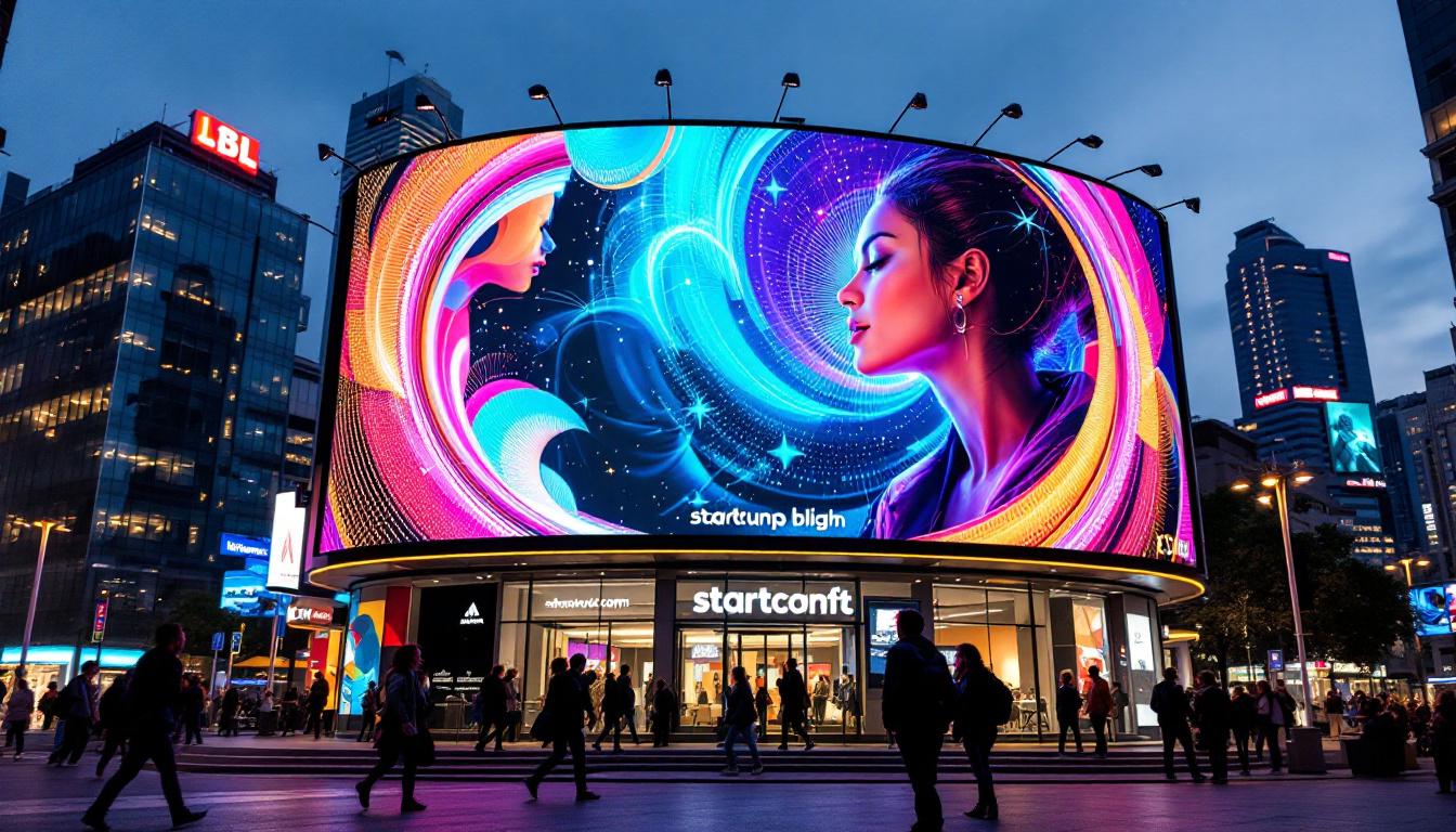 A photograph of a vibrant 3d digital billboard in an urban setting at dusk