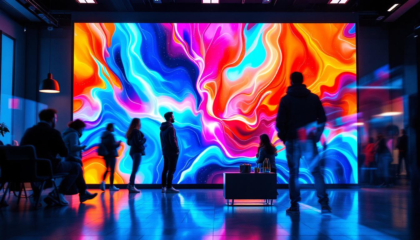 A photograph of a vibrant cabinet led display in a dynamic setting
