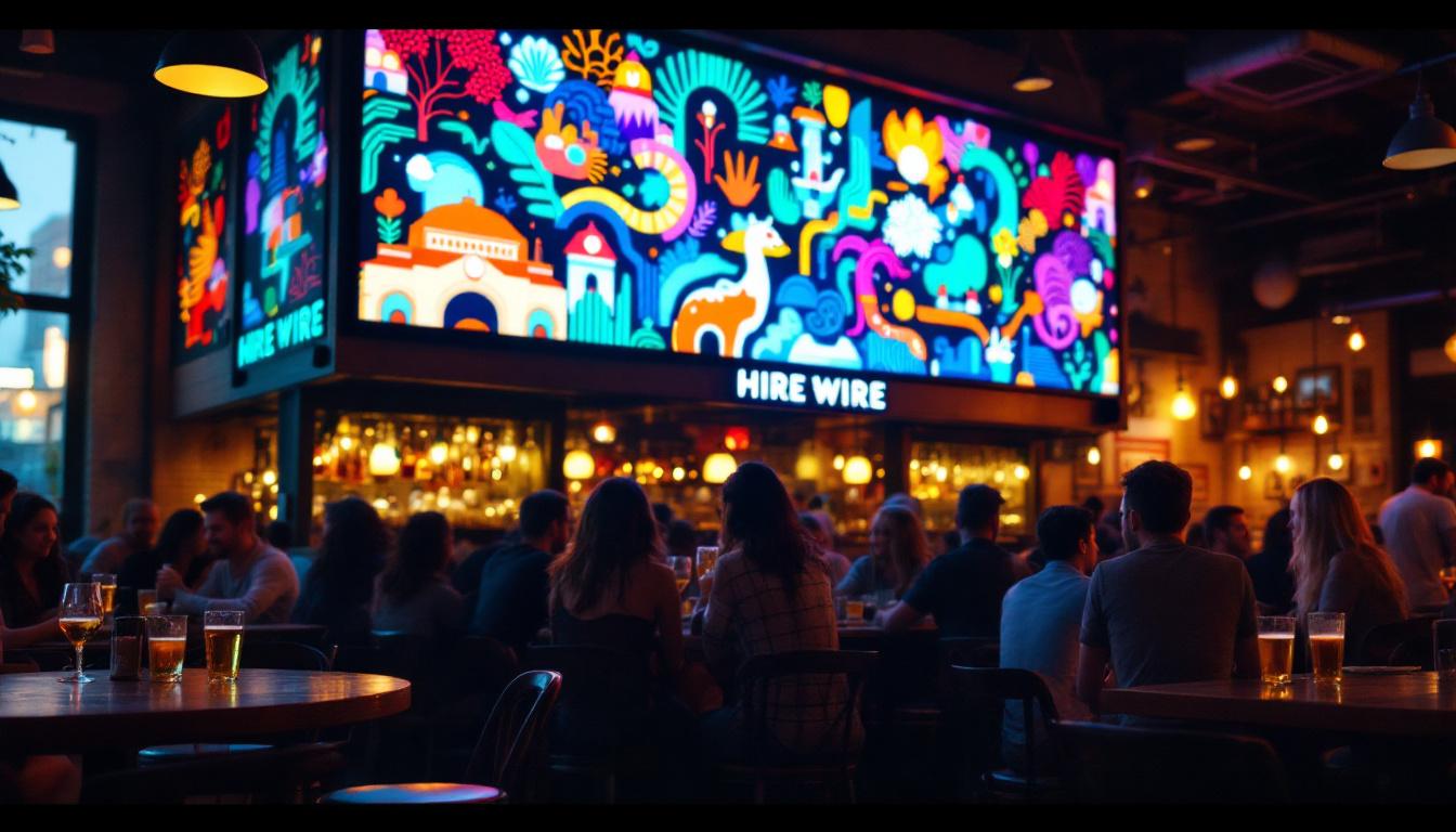 A photograph of capture a photograph of the vibrant led display at hire wire brewing