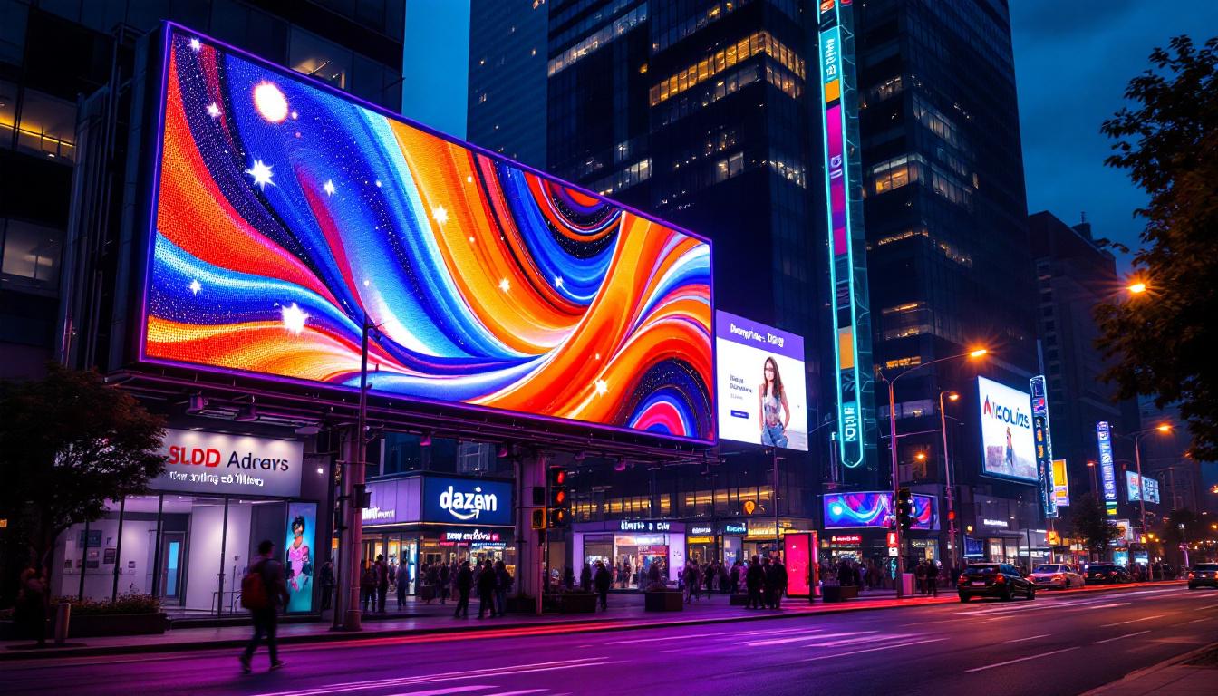 A photograph of a vibrant 3d led billboard in an urban setting