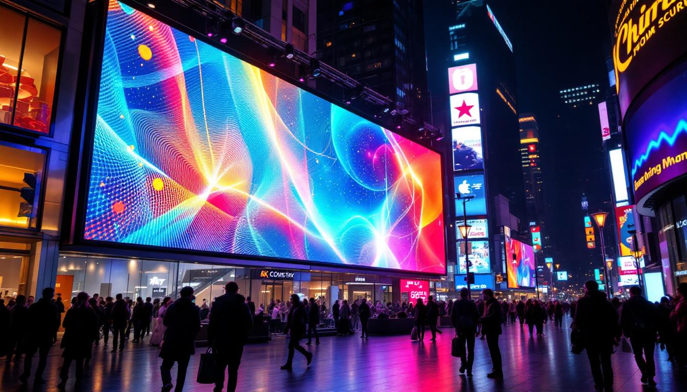 A photograph of a vibrant led display in a bustling urban environment