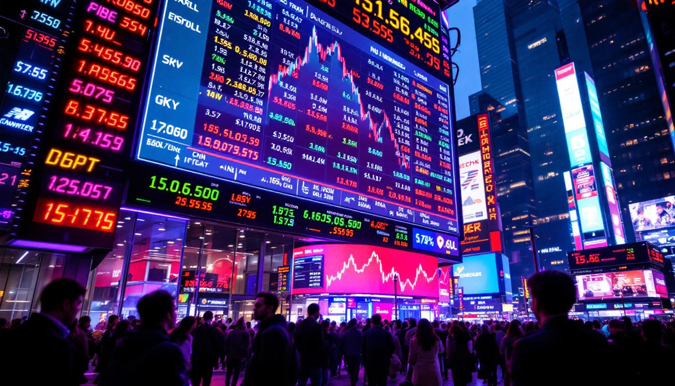 A photograph of a vibrant led stock ticker display in a bustling financial district