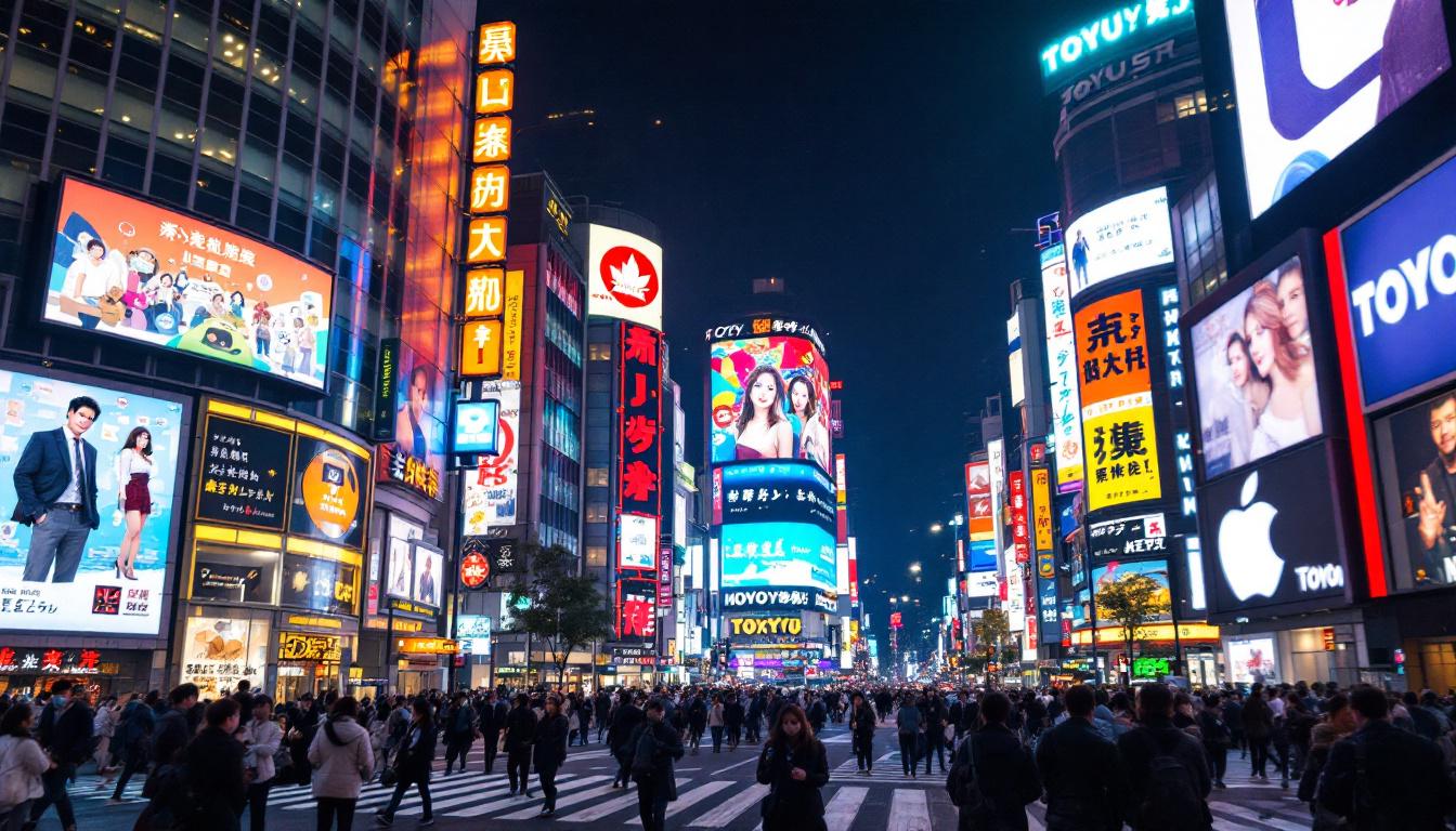 A photograph of capture a photograph of the vibrant led displays in tokyo's bustling shibuya crossing