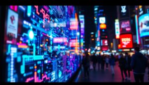 A photograph of a vibrant led display in a bustling urban environment