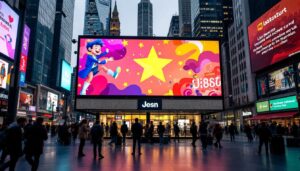 A photograph of a vibrant outdoor led display in a bustling urban environment