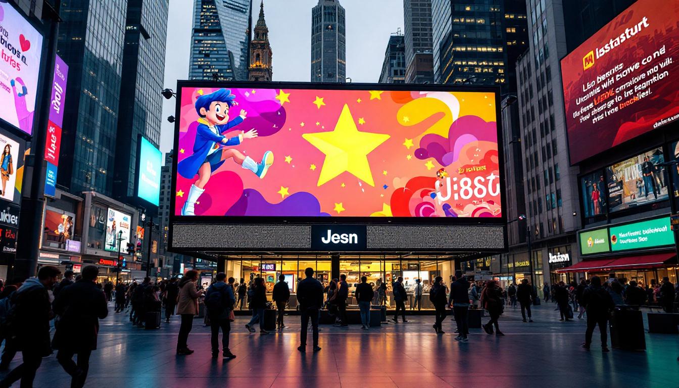 A photograph of a vibrant outdoor led display in a bustling urban environment
