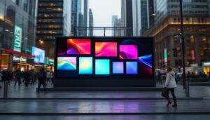 A photograph of a vibrant led display showcasing square advertisements in an urban setting