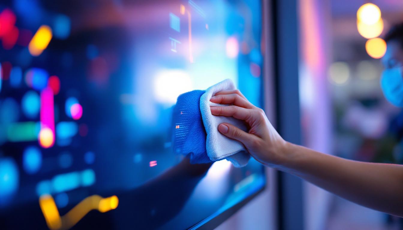 A photograph of a person carefully cleaning an led screen with a microfiber cloth