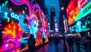 A photograph of a vibrant led display in action