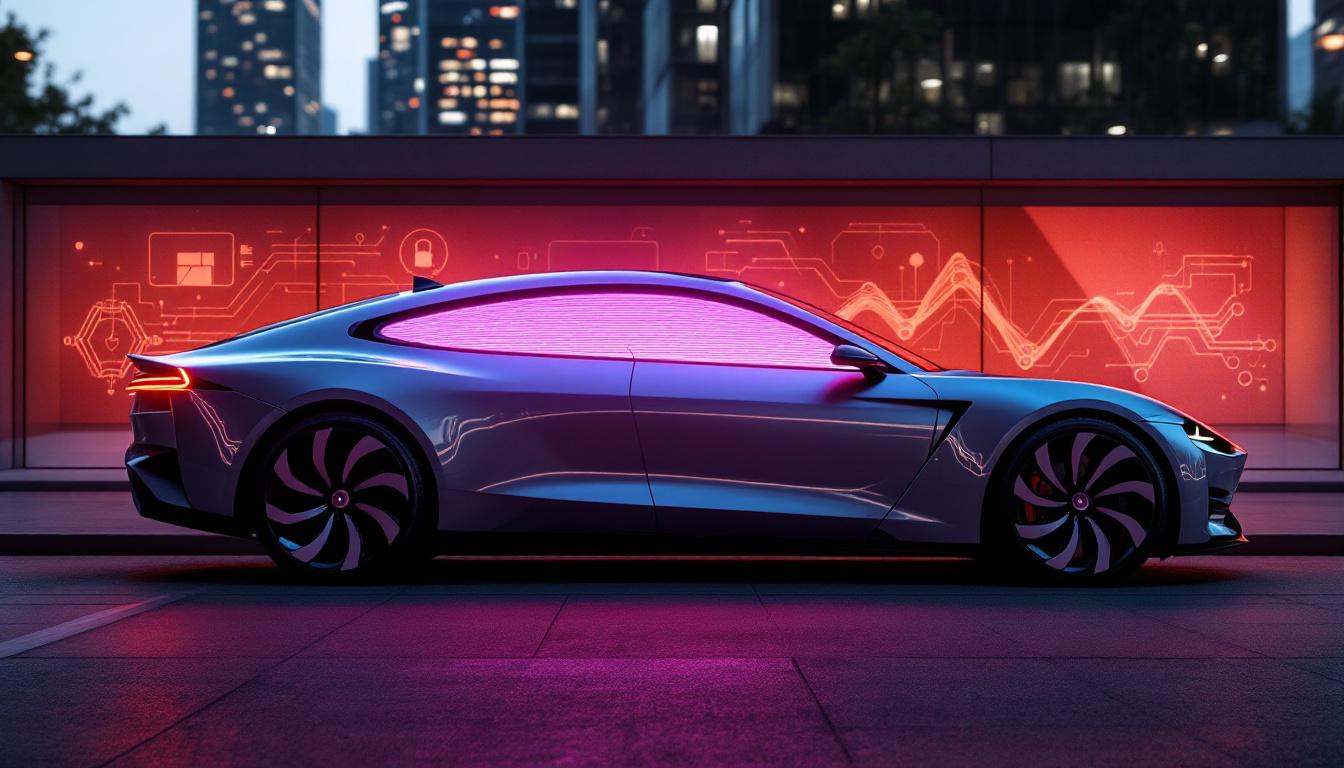 A photograph of a sleek car parked against an urban backdrop