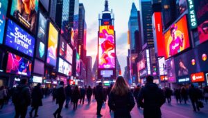 A photograph of a vibrant led display in a bustling urban setting