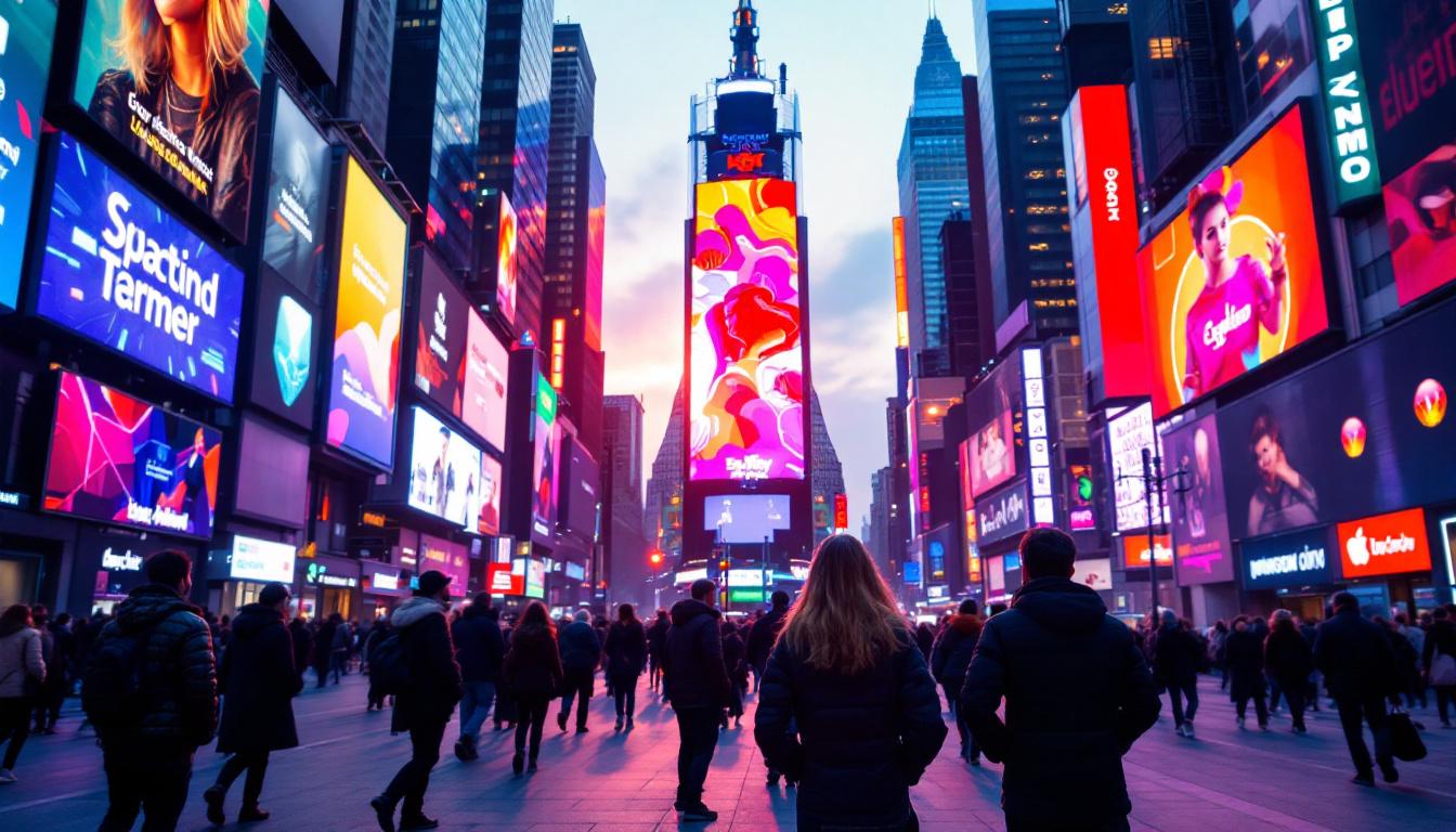 A photograph of a vibrant led display in a bustling urban setting