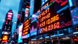 A photograph of a vibrant led stock ticker display in an urban setting