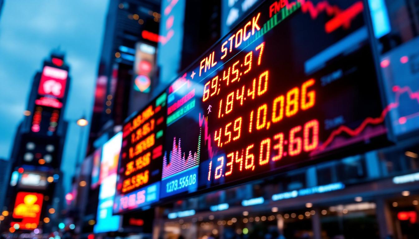 A photograph of a vibrant led stock ticker display in an urban setting
