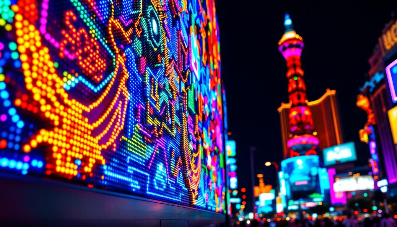 A photograph of a vibrant and dynamic led display in las vegas