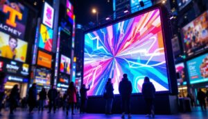A photograph of a vibrant led advertising sign in a bustling urban setting