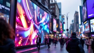 A photograph of a vibrant led outdoor display showcasing dynamic advertisements or information in a busy urban setting