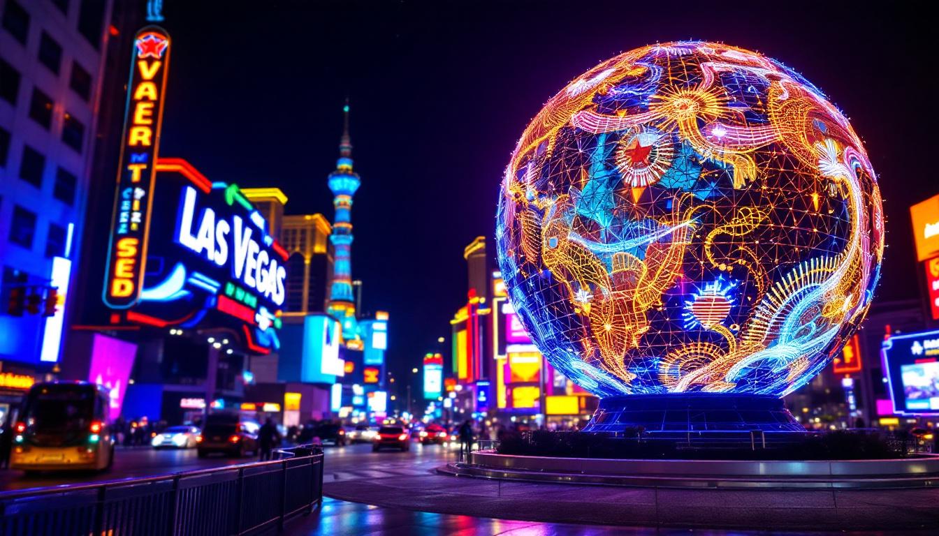 A photograph of the vibrant led display of the iconic las vegas ball