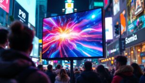 A photograph of capture a photograph of a vibrant p10 outdoor led screen displaying dynamic visuals in a lively urban setting