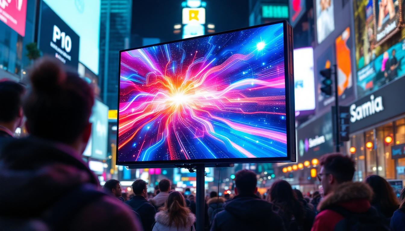 A photograph of capture a photograph of a vibrant p10 outdoor led screen displaying dynamic visuals in a lively urban setting