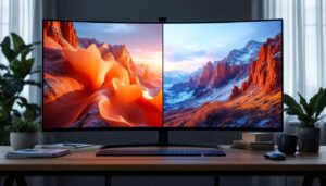 A photograph of a side-by-side comparison of an led display and an lcd screen