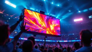 A photograph of a vibrant led scoreboard in action during a sports event