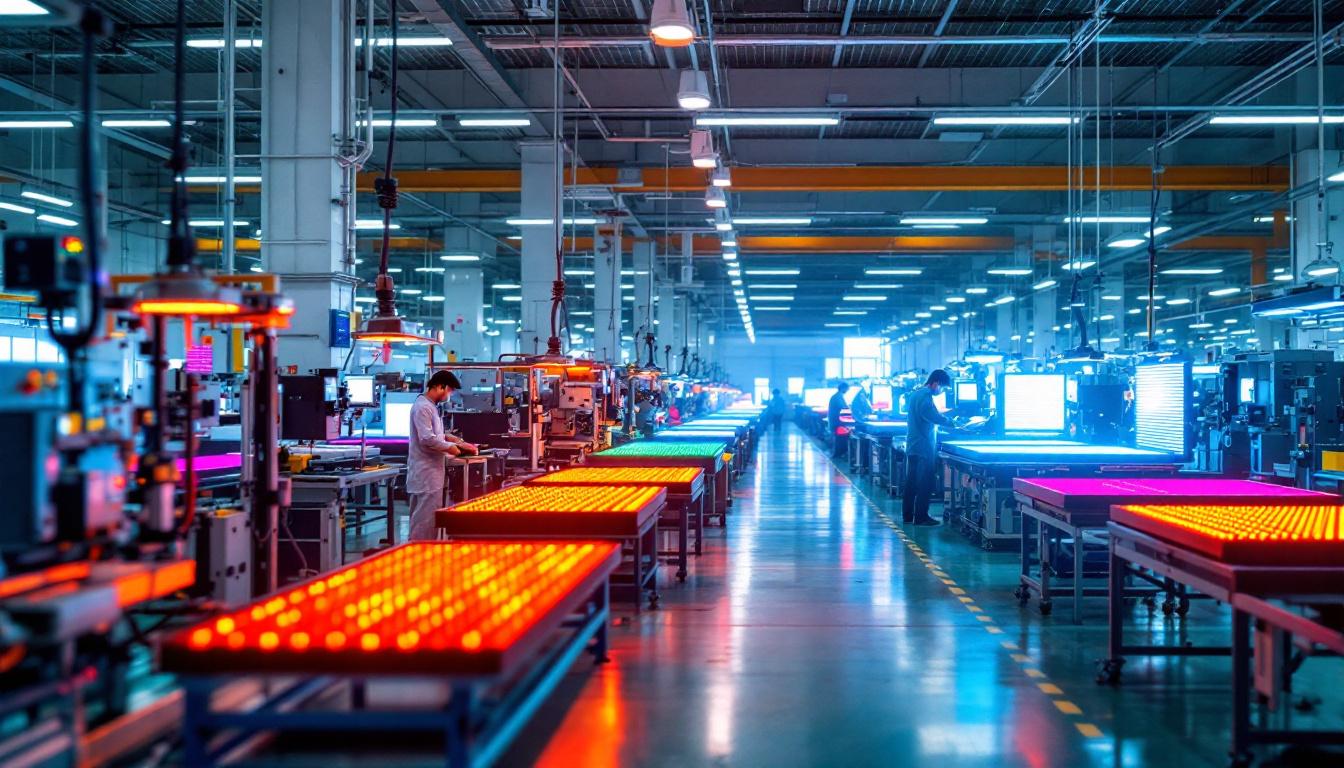 A photograph of a bustling factory floor in china where led displays are being manufactured