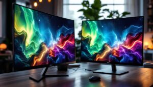 A photograph of a side-by-side comparison of an lcd and an led display